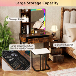 Costway Rgb Vanity Table Set Bedroom Dressing Table W/ Mirror & Lights-Brown - thumbnail 8
