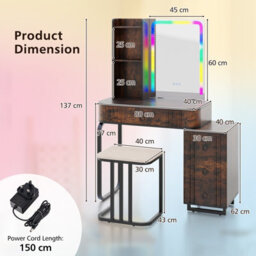 Costway Rgb Vanity Table Set Bedroom Dressing Table W/ Mirror & Lights-Brown - thumbnail 2