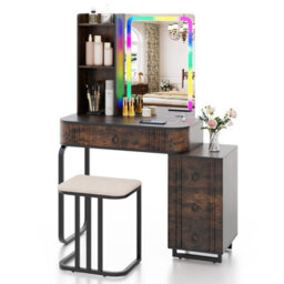 Costway Rgb Vanity Table Set Bedroom Dressing Table W/ Mirror & Lights-Brown - thumbnail 1