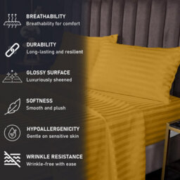 Ameha Stripe Fitted Sheet 40 Cm Deep Pocket- Hypoallergenic Easy Care Ochre Bed Sheets Uk Single Bedsheet(90X190Cm) - thumbnail 2