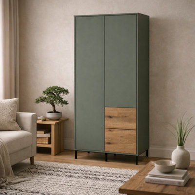 Wyld Haus Malmo Olive Green And Natural Oak 2-Door Wardrobe With 2 Drawers - image 1