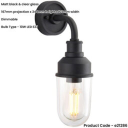 Loops Ip44 Outdoor Wall Light - Textured Black Industiral Frame Clear Glass Shade - Garage Porch Lamp - thumbnail 2