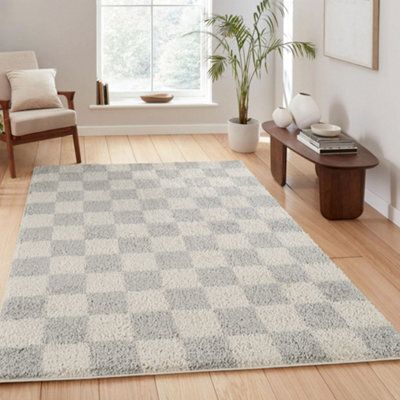 Chester Living Room Shaggy Area Rug Modern - Contemporary Checkered Design - Hallway Runner Indoor Rug Grey 200X290 Cm - image 1