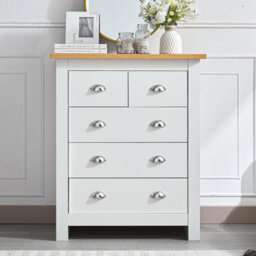 Kosy Koala 5-Drawer Dresser With Light Wood Top, White Bedroom Storage Chest, Silver Handles, W79Cm