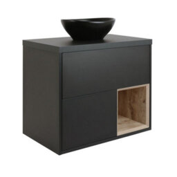 Homestylestore Black Grey 800mm Led Lit Wall Hung Bathroom Vanity Unit Oval Countertop Graphite Basin Open Shelf - thumbnail 1