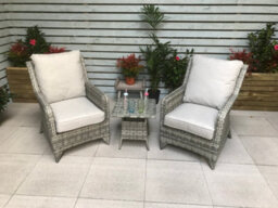 Signature Weave Sarah Wicker High Back Lounge Arm Chair Side Table Set Grey