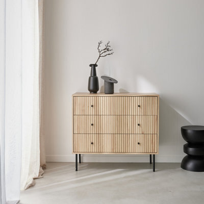 Sweeek - 3-Drawer Chest With Grooved Wooden-Effect Natural 39X90X80.5 Cm - Braga - image 1