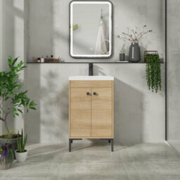 Royal Bathrooms Verona 500mm Natural Oak Floor Standing Bathroom Vanity Unit 2 Door With Mid-Edge Basin & Matt Black Knob - thumbnail 4