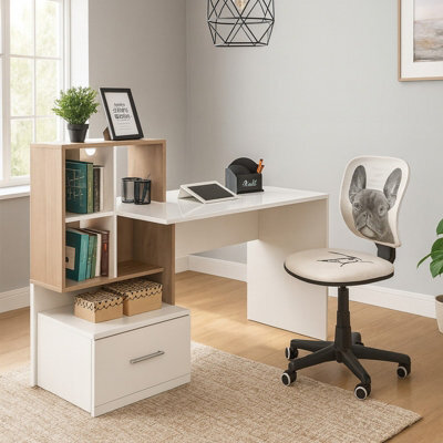 Grosso Home Office Desk With Drawer Bookcase Compact Workstation For Teen Or Small Spaces Golden Oak White - image 1