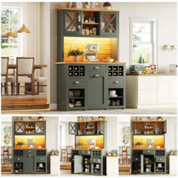 Abrihome Green Kitchen Cabinets Tall Units & Sideboards With Glass Doors Led Lighting Adjustable Shelves & Wine Rack - thumbnail 3