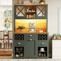 Abrihome Green Kitchen Cabinets Tall Units & Sideboards With Glass Doors Led Lighting Adjustable Shelves & Wine Rack - thumbnail 2