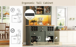 Abrihome Green Kitchen Cabinets Tall Units & Sideboards With Glass Doors Led Lighting Adjustable Shelves & Wine Rack - thumbnail 5