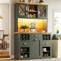 Abrihome Green Kitchen Cabinets Tall Units & Sideboards With Glass Doors Led Lighting Adjustable Shelves & Wine Rack