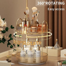 Makeup Organiser Rotating, 2 Tier Round Skincare Organiser, Customisable, Toiletries Cosmetics Organiser, Gift (Champagne Gold) - thumbnail 3