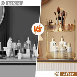 Makeup Organiser Rotating, 2 Tier Round Skincare Organiser, Customisable, Toiletries Cosmetics Organiser, Gift (Champagne Gold) - thumbnail 7