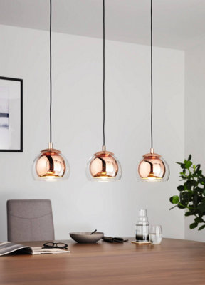Eglo Rocamar Clear And Copper Glass And Metal 3 Light Ceiling Pendant, (D) 78Cm - image 1
