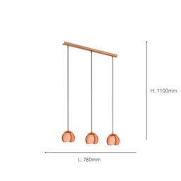 Eglo Rocamar Clear And Copper Glass And Metal 3 Light Ceiling Pendant, (D) 78Cm - thumbnail 5