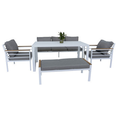 Shatchi Aluminium Garden Furniture Set 6 Seater White Outdoor Patio Sofa Set - Sofa, Dining Table, Bench, Armchairs - image 1