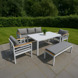Shatchi Aluminium Garden Furniture Set 6 Seater White Outdoor Patio Sofa Set - Sofa, Dining Table, Bench, Armchairs - thumbnail 2