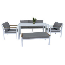 Shatchi Aluminium Garden Furniture Set 6 Seater White Outdoor Patio Sofa Set - Sofa, Dining Table, Bench, Armchairs