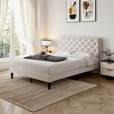 Abrihome 4Ft6 Double Upholstered Velvet Bed Frame, With Adjustable Button-Tufted & Riveted Headboard, Beige - image 1