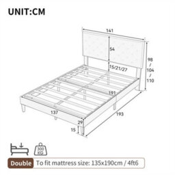 Abrihome 4Ft6 Double Upholstered Velvet Bed Frame, With Adjustable Button-Tufted & Riveted Headboard, Beige - thumbnail 9