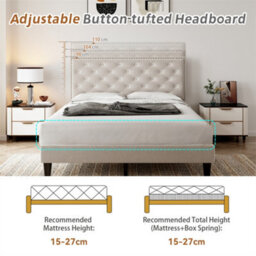 Abrihome 4Ft6 Double Upholstered Velvet Bed Frame, With Adjustable Button-Tufted & Riveted Headboard, Beige - thumbnail 4