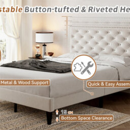 Abrihome 4Ft6 Double Upholstered Velvet Bed Frame, With Adjustable Button-Tufted & Riveted Headboard, Beige - thumbnail 5