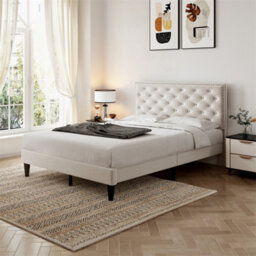Abrihome 4Ft6 Double Upholstered Velvet Bed Frame, With Adjustable Button-Tufted & Riveted Headboard, Beige - thumbnail 1