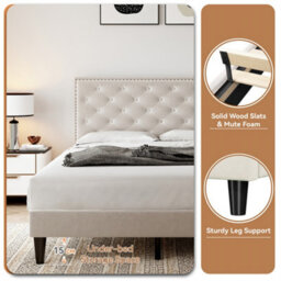 Abrihome 4Ft6 Double Upholstered Velvet Bed Frame, With Adjustable Button-Tufted & Riveted Headboard, Beige - thumbnail 2