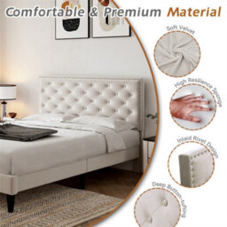 Abrihome 4Ft6 Double Upholstered Velvet Bed Frame, With Adjustable Button-Tufted & Riveted Headboard, Beige - thumbnail 3