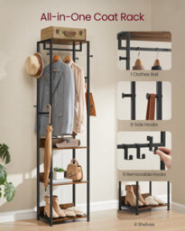 LEDREM Clothes Rack, Coat Rack Stand With Hanging Rail And Hooks, Hall Tree With Shelves, Steel Frame, For Clothes, Bags, Hats - thumbnail 3