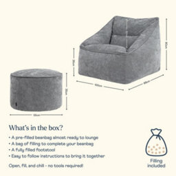 icon Natalia Chenille Adults Bean Bag Armchair And Pouffe, Ready Filled Large Beanbag And Footstool Grey - thumbnail 7