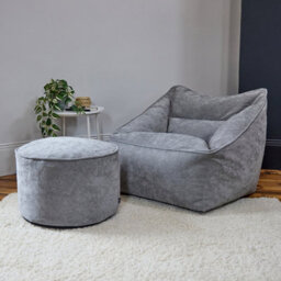 icon Natalia Chenille Adults Bean Bag Armchair And Pouffe, Ready Filled Large Beanbag And Footstool Grey - thumbnail 3