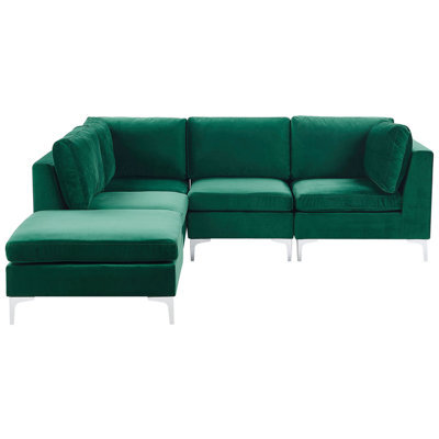 Beliani Modular Corner Sofa 4 Seater Evja Velvet Green With Ottoman Right Hand - image 1