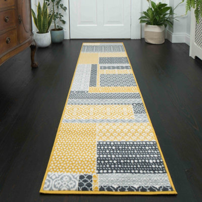 Loomed Yellow Ochre Grey Floral Patchwork Living Room Runner Rug 80X320Cm - image 1