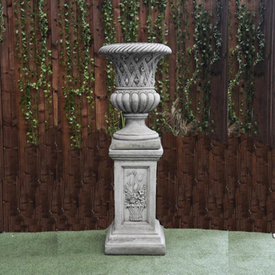 Large Stone Cast Garden Vase And Plinth With Flower Design - image 1