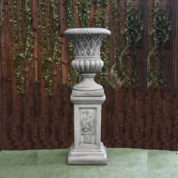 Large Stone Cast Garden Vase And Plinth With Flower Design - thumbnail 1