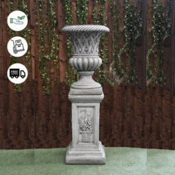 Large Stone Cast Garden Vase And Plinth With Flower Design - thumbnail 3