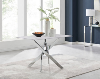 Furniturebox Leonardo Rectangular White Marble Glass And Silver 4 Seater Dining Table - 4 Seater Dining Table - Glass Dining Table - image 1