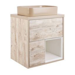 Homestylestore Light Oak 594mm Led Lit Wall Hung Bathroom Vanity Unit Rectangular Sand Countertop Basin Open Shelf - thumbnail 1