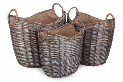 Red Hamper W061-063 Wicker Set Of 3 Scoop Neck Antique Wash Hessian Lined Log Basket - image 1