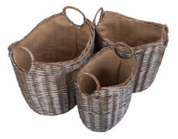 Red Hamper W061-063 Wicker Set Of 3 Scoop Neck Antique Wash Hessian Lined Log Basket - thumbnail 5