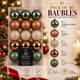 Decoris Pack Of 30 Christmas Tree Baubles Shatterproof Rosemary Brandy Pearl - thumbnail 4