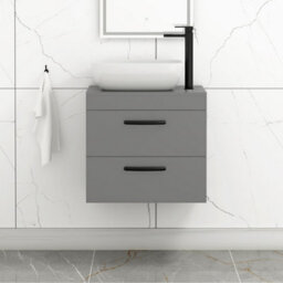 Royal Bathrooms 600mm Wall Hung Vanity Unit 2 Drawer Indigo Grey Gloss & Elva Countertop Basin With Matt Black Handle - thumbnail 1