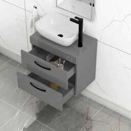 Royal Bathrooms 600mm Wall Hung Vanity Unit 2 Drawer Indigo Grey Gloss & Elva Countertop Basin With Matt Black Handle - thumbnail 3