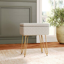 Living And Home Rectangle Beige Upholstered Vanity Storage Ottoman Stool W 420 X D 310 X H 480 mm - thumbnail 2