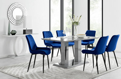 Furniturebox Imperia Grey High Gloss 6 Seater Dining Table With Structural 2 Plinth Column Legs 6 Navy Velvet Black Leg Pesaro Chairs - image 1