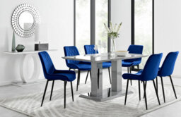 Furniturebox Imperia Grey High Gloss 6 Seater Dining Table With Structural 2 Plinth Column Legs 6 Navy Velvet Black Leg Pesaro Chairs