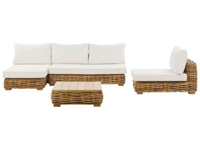Beliani Garden Conversation Set Brown Rattan With White Cushions Right-Hand Modular Sofa And Square Coffee Table - image 1